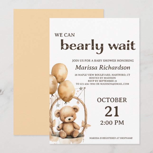 Invitación a Baby Shower neutra de Teddy Bear Gend (Anverso / Reverso)