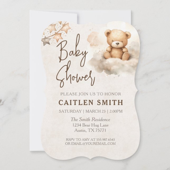 Invitación a Baby Shower neutra para oso dulce (Anverso)