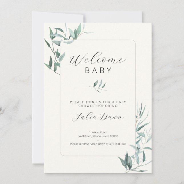 Invitación a Baby Shower neutra por género leafy (Anverso)