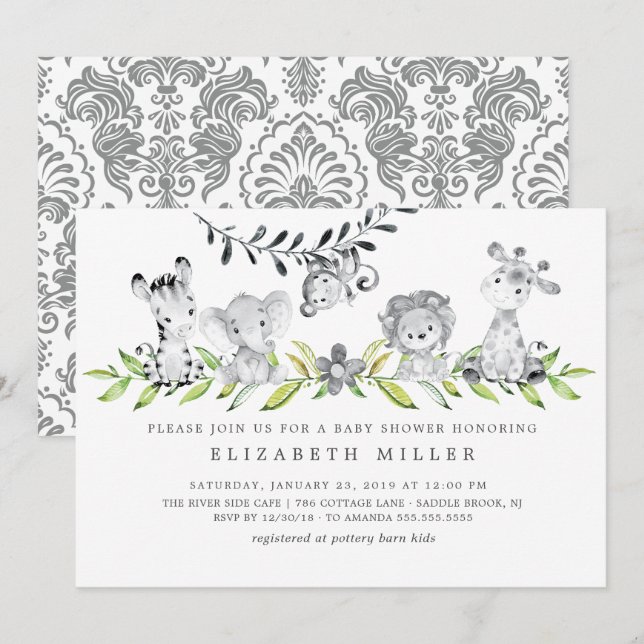 Invitación a Baby Shower neutral de animales de sa (Anverso / Reverso)