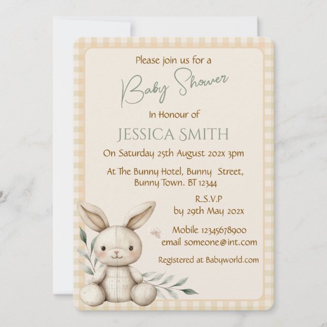 Invitación a Baby Shower Neutral de Boho Bunny (Anverso)