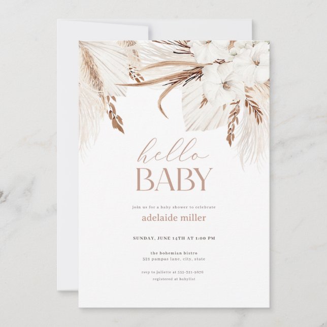 Invitación a Baby Shower neutral de Boho Pampas (Anverso)