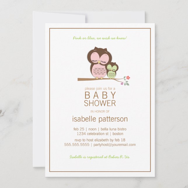 Invitación a Baby Shower neutral de búho y mamá (Anverso)