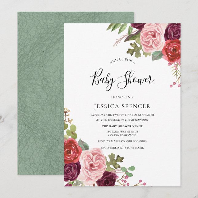 Invitación a Baby Shower neutral de flores de fábr (Anverso / Reverso)