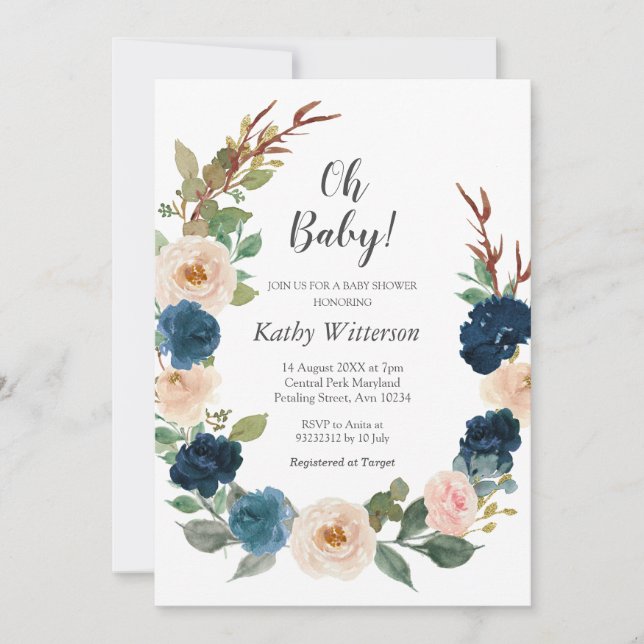 Invitación a Baby Shower neutral de género azul de (Anverso)