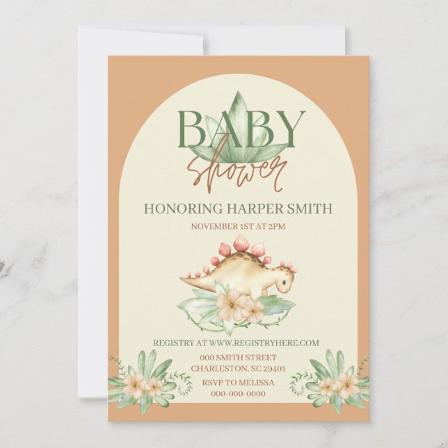 Invitación a Baby Shower Neutral de género Dino (Anverso)