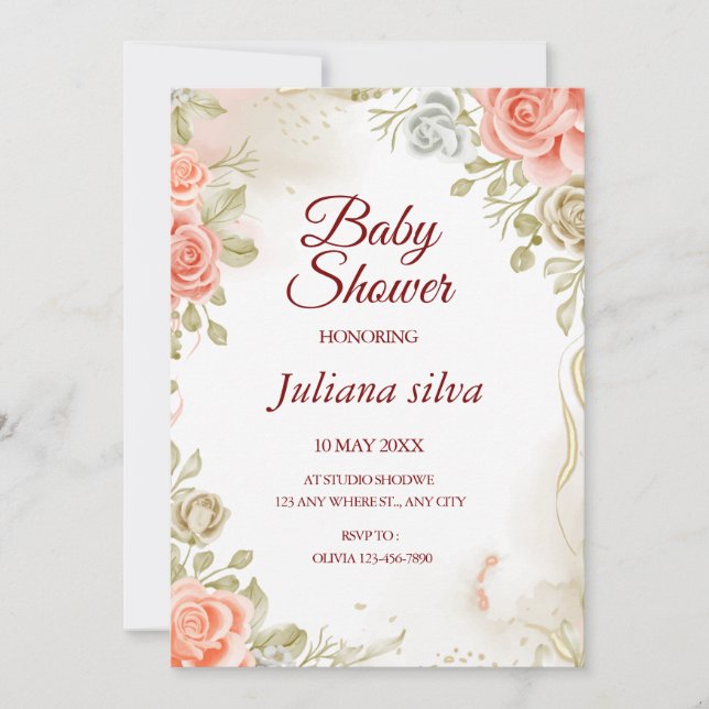 Invitación a Baby Shower neutral de género floral (Anverso)