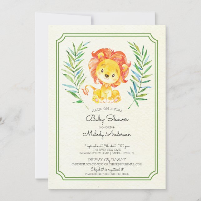 Invitación a Baby Shower neutral de león corto (Anverso)
