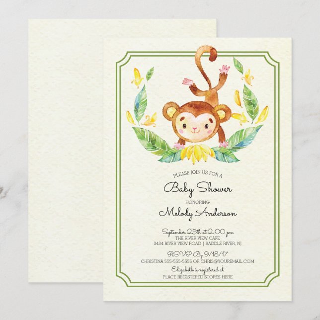 Invitación a Baby Shower neutral de mono de la jun (Anverso / Reverso)