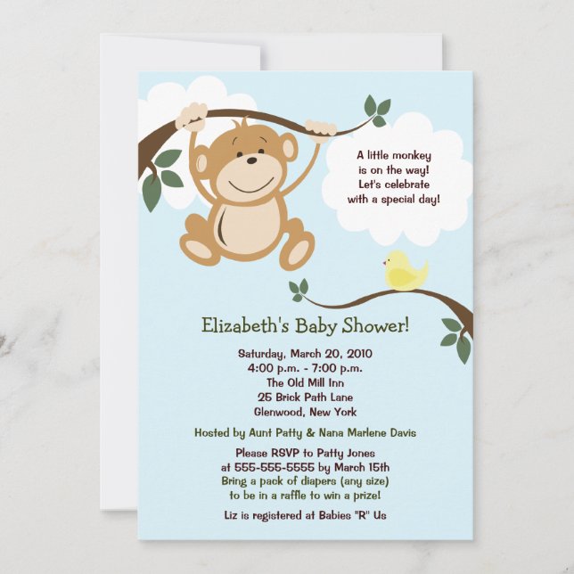 Invitación a Baby Shower neutral de mono y birdie (Anverso)