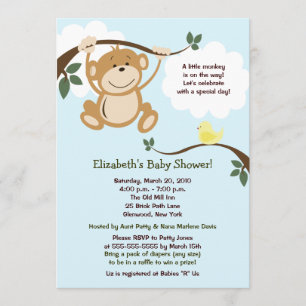 Invitación a Baby Shower neutral de mono y birdie