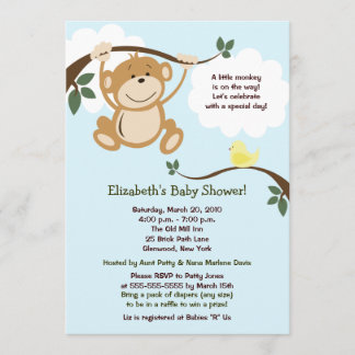 Invitación a Baby Shower neutral de mono y birdie