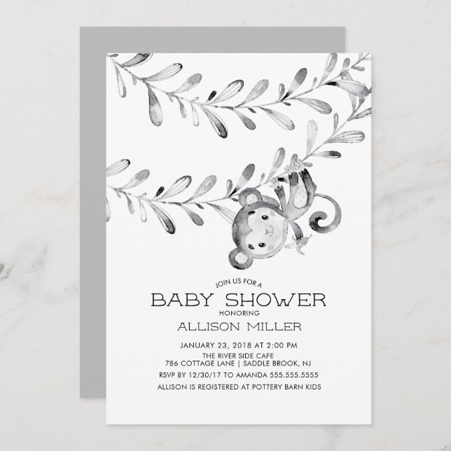 Invitación a Baby Shower Neutral de pequeños monos (Anverso / Reverso)