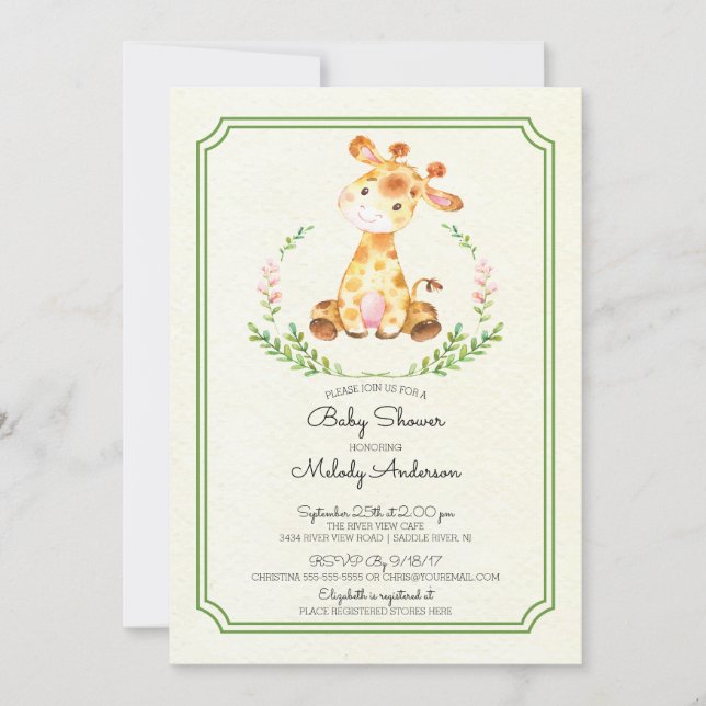 Invitación a Baby Shower neutral de Sweet Giraffe (Anverso)