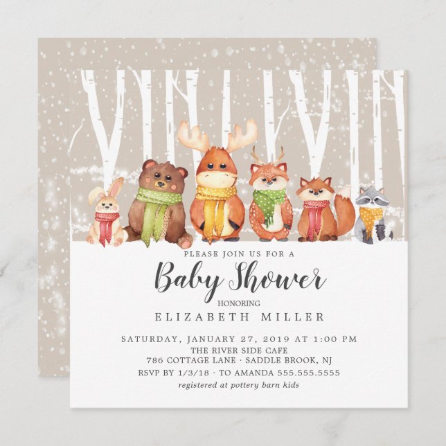 Invitación a Baby Shower neutral de Winter Woodlan (Anverso / Reverso)