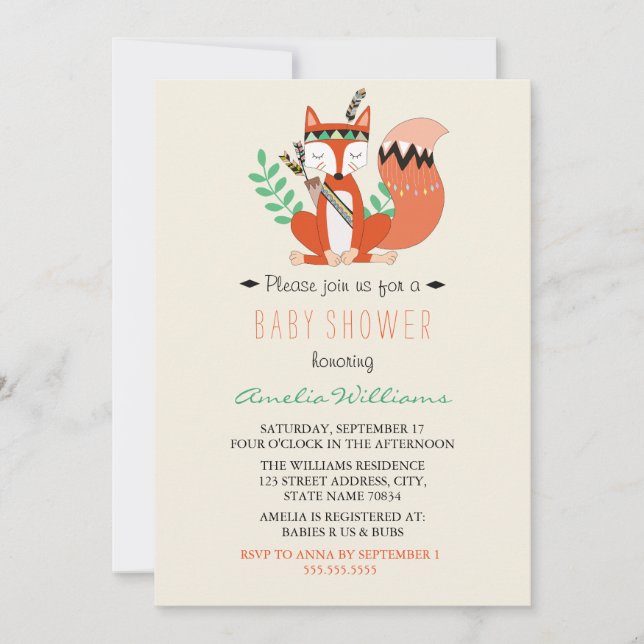 Invitación a Baby Shower Neutral de Woodland Fox (Anverso)