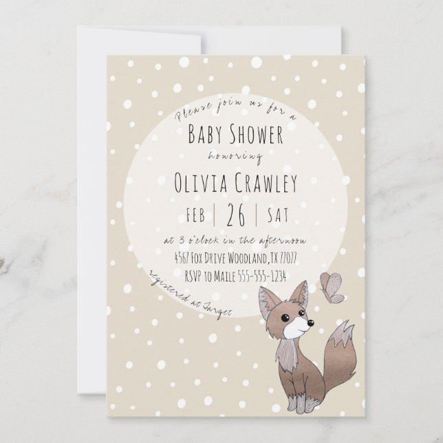 Invitación a Baby Shower neutral de Woodland Fox (Anverso)