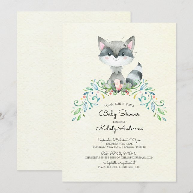 Invitación a Baby Shower Neutral de Woodland Racco (Anverso / Reverso)