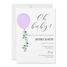 Invitación a Baby Shower, niña bebé, globo morado