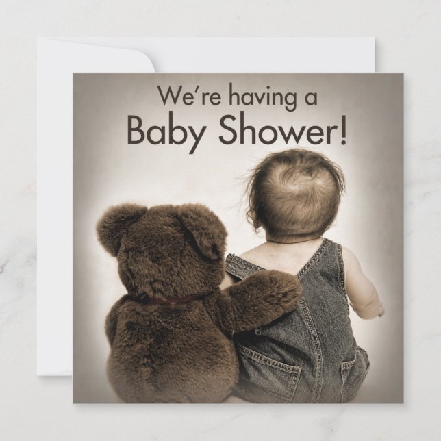Invitación a Baby Shower - Oso de peluche y bebé (Anverso)
