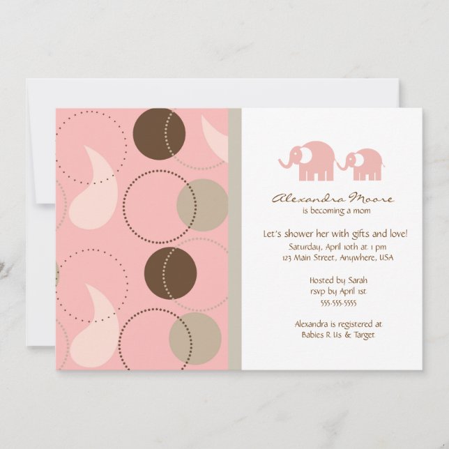 Invitación a Baby Shower Paisley & Elephants (Anverso)