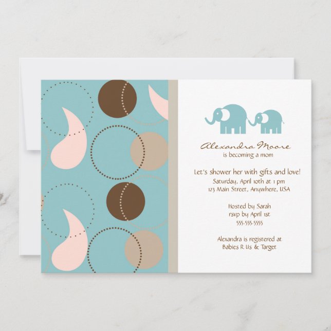 Invitación a Baby Shower Paisley & Elephants (Anverso)