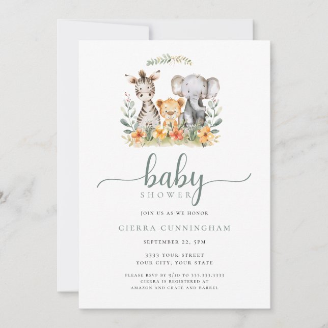 Invitación a Baby Shower para animales (Anverso)