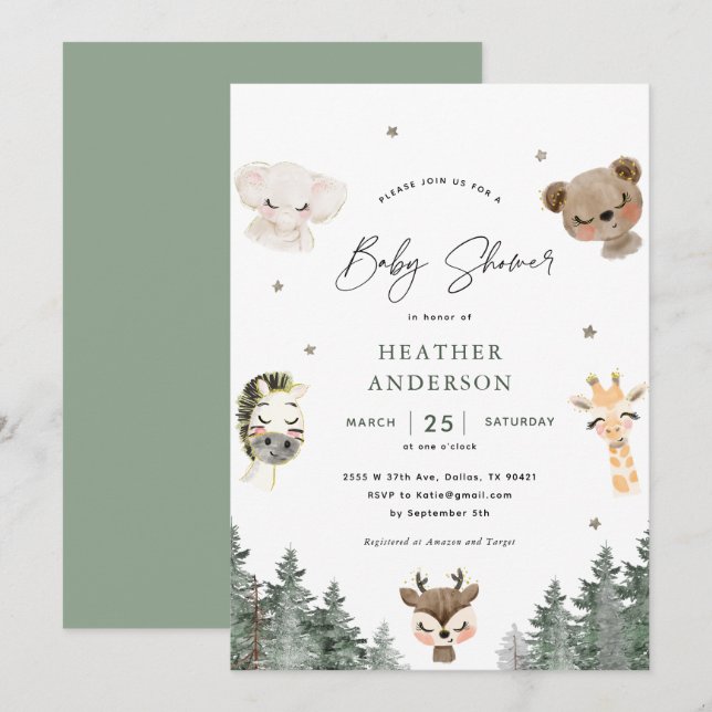 Invitación a Baby Shower para animales de bosque f (Anverso / Reverso)