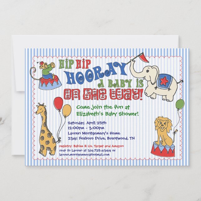 Invitación a Baby Shower para animales de circo -  (Anverso)