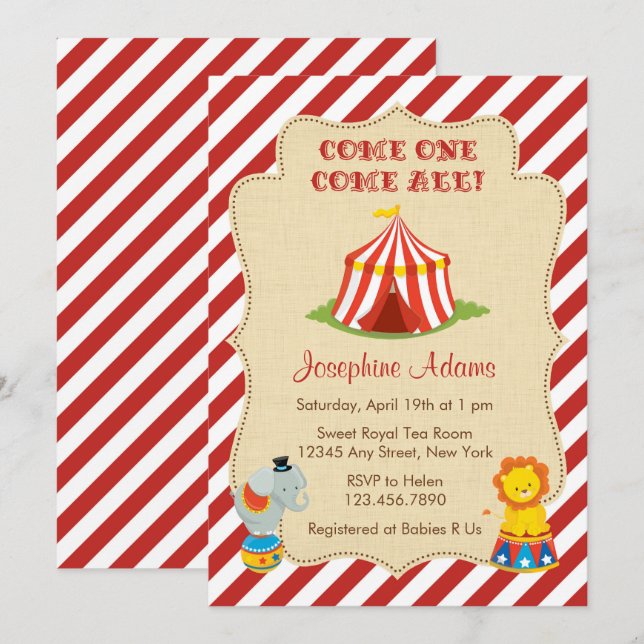 Invitación a Baby Shower para animales de circo (Anverso / Reverso)