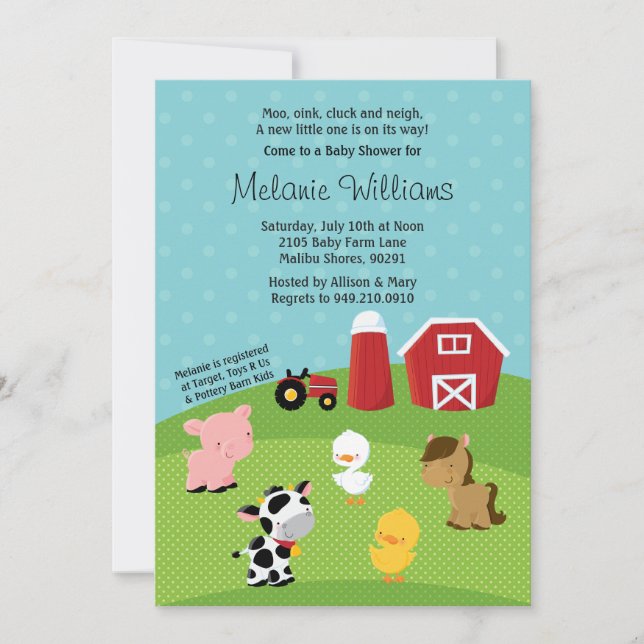 Invitación a Baby Shower para animales de corral (Anverso)
