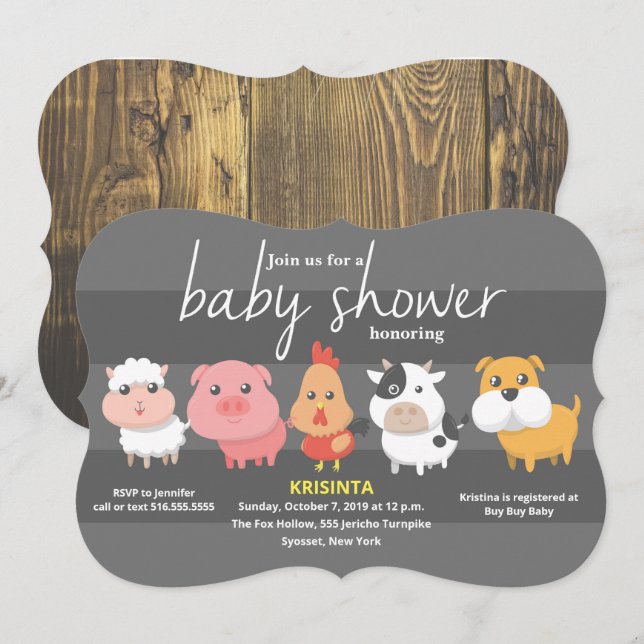 Invitación a Baby Shower para animales de granja (Anverso / Reverso)