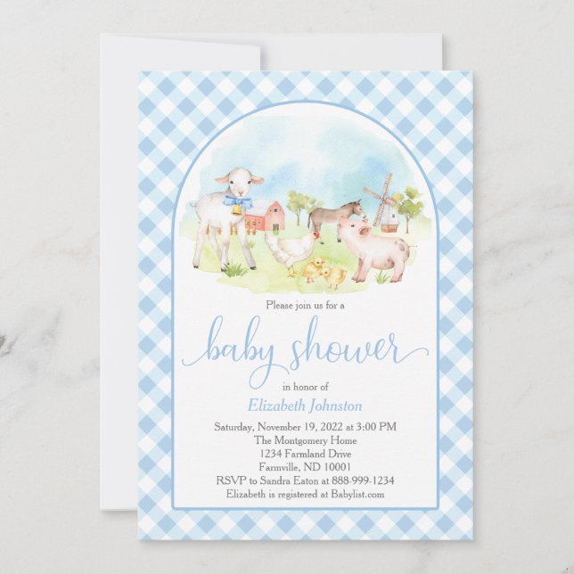 Invitación a Baby Shower para animales de granja (Anverso)