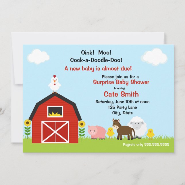 Invitación a Baby Shower para animales de granja (Anverso)
