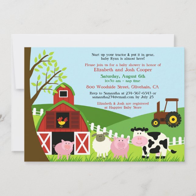 Invitación a Baby Shower para animales de granja (Anverso)