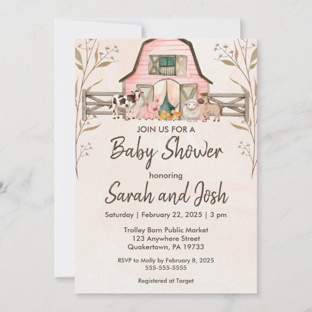 Invitación a Baby Shower para animales de granja (Anverso)