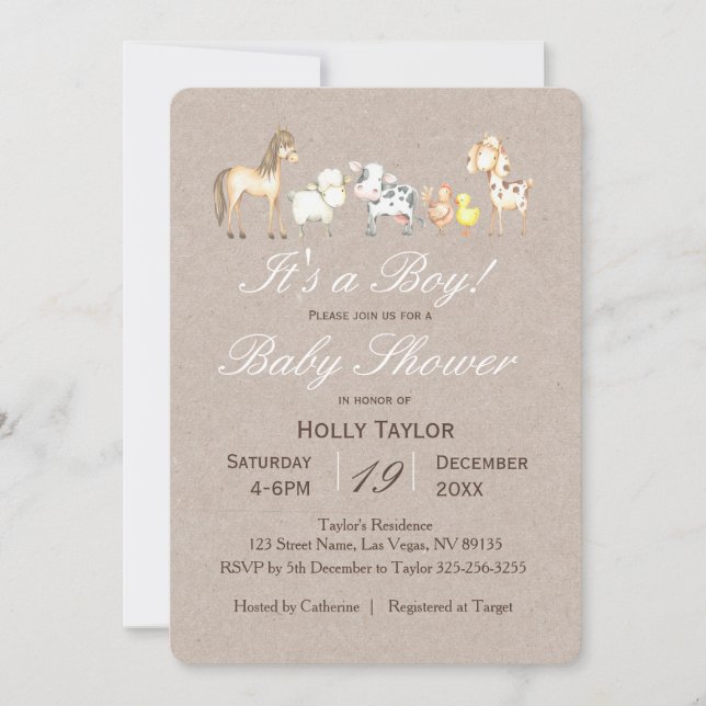 Invitación a Baby Shower para animales de granja (Anverso)