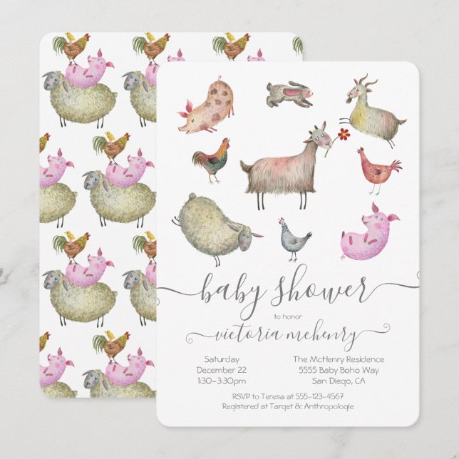 Invitación a Baby Shower para animales de granja (Anverso / Reverso)