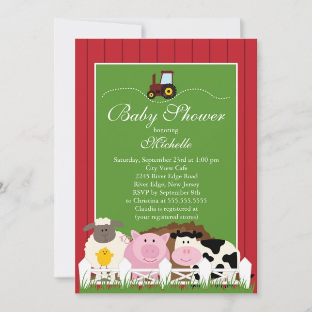 Invitación a Baby Shower para animales de granja d (Anverso)