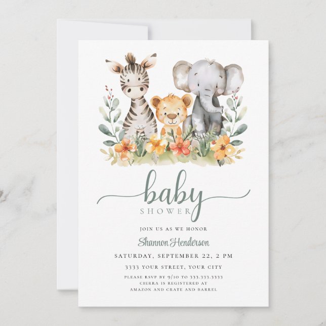 Invitación a Baby Shower para animales de la jungl (Anverso)