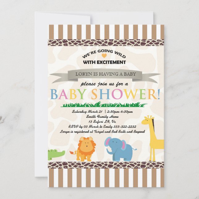 Invitación a Baby Shower para animales de Safari (Anverso)
