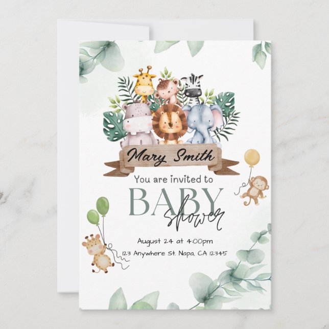 Invitación a Baby Shower para animales de Safari (Anverso)
