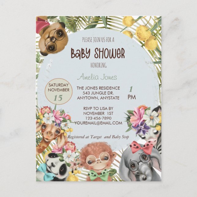 Invitación a Baby Shower para animales de Safari e (Anverso)