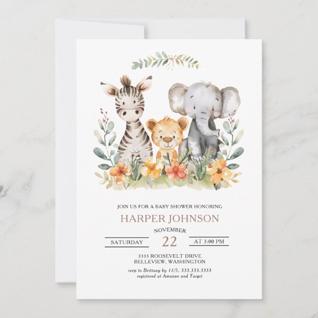 Invitación a Baby Shower para animales de safari e (Anverso)