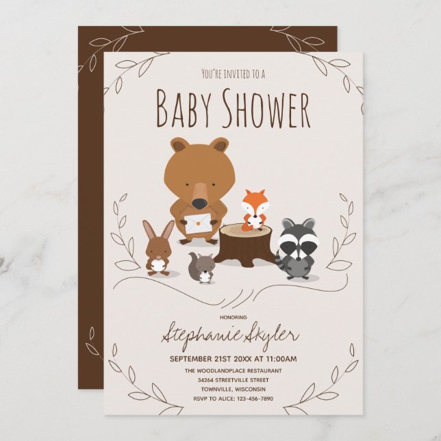 Invitación a Baby Shower para animales de Woodland (Anverso / Reverso)