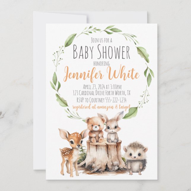 Invitación a Baby Shower para animales de Woodland (Anverso)