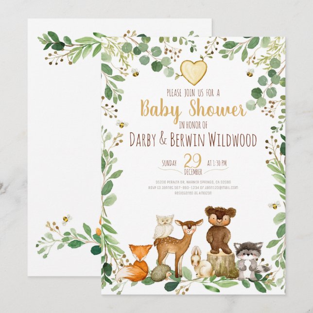 Invitación a Baby Shower para animales de Woodland (Anverso / Reverso)