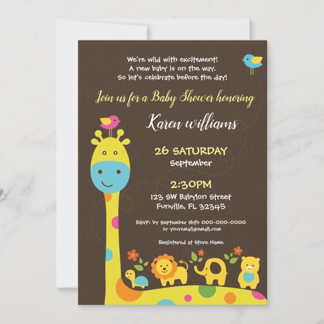 Invitación a Baby Shower para animales forestales (Anverso)