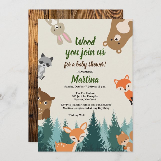 Invitación a Baby Shower para animales forestales (Anverso / Reverso)