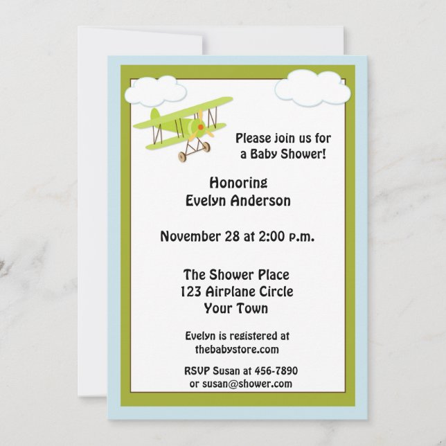 Invitación a Baby Shower para avión verde (Anverso)